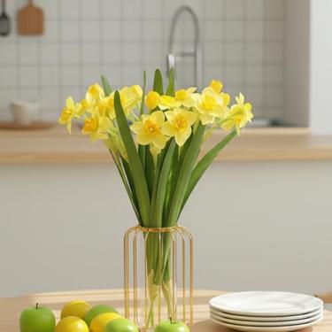 Imagem de 3 lâmpadas artificiais realistas de narciso falso narciso seda amarílis buquês de flores de primavera para decoração de mesa ao ar livre e sala de jantar (amarelo)