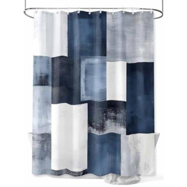 Imagem de T&H XHome Cortina de chuveiro geométrica abstrata azul patchwork arte moderna cortinas de chuveiro para banheiro poliéster tecido impermeável cortinas de banho com ganchos decoração de banheira de