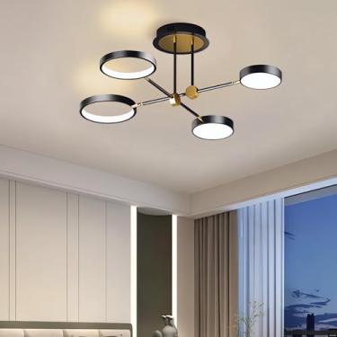 Imagem de Luminária de teto LED moderna Φ75cm, dimerizável, de embutir, 48w, redonda, com controle remoto, em acrílico, para sala de estar, quarto, cozinha, corredor e escritório (preta, 4 lâmpadas)