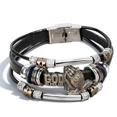 Imagem de Embtrem Pulseira de oração de couro para homens e mulheres, pulseira religiosa em camadas com pingente de mãos de oração God Bless Me, vintage, multicamadas, joias de fé cristã, presentes, Large, Sem