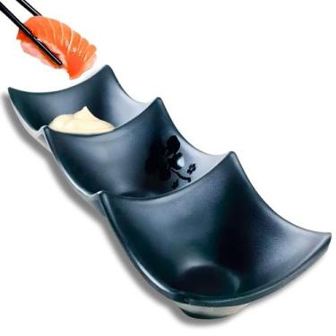 Imagem de Molheira Tripartida Funda Japonês Porta Shoyu Molhos Oriental Melamina