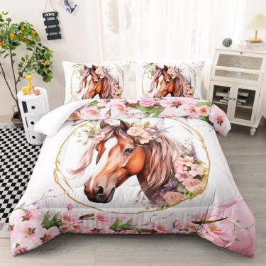 Imagem de AILONEN Conjunto de cama solteiro para meninas, cavalo marrom, 3 peças, linda libélula e flor rosa, cavalo floral, vida selvagem, edredom com 2 fronhas