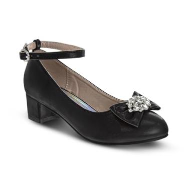 Imagem de Josmo Sandália social elegante para meninas, metálica, tira no tornozelo, salto bloco sandália para crianças pequenas e grandes, Preto, 16