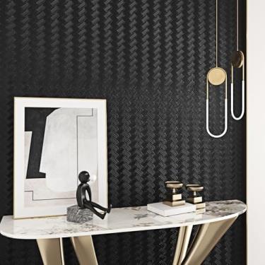 Imagem de WESTICK Papel de parede tecido preto autoadesivo de vime trançado papel de parede de vime 40 cm x 203 cm