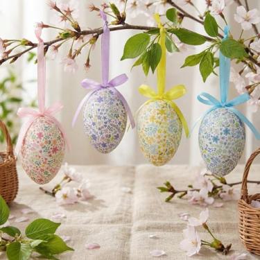 Imagem de Gemscream 24 peças de enfeites para pendurar ovos de Páscoa, decoração de ovos de Páscoa com laço de coelho e desenhos florais para decoração de cesta de árvores, lembrancinhas de festa (estilo de