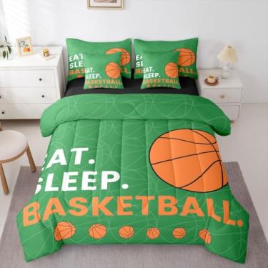 Imagem de Erosebridal Conjunto de edredom de basquete para meninos, verde laranja, tamanho queen, 7 peças | Jogo de cama esportivo com bola e bola