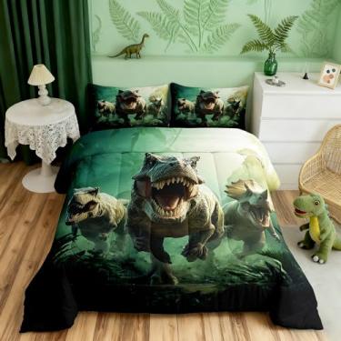 Imagem de Castle Fairy Jogo de cama casal com estampa de dinossauros, animais de safári, selva, vida selvagem, para adolescentes, adolescentes, crianças, meninos, temática de dinossauros 3D, conjunto de colcha