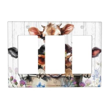 Imagem de TYIGBXFYO Highland Cow 3 Gang Triple Rocker Capas decorativas para interruptor de luz de fazenda placas de parede elétricas rústicas receptáculo placas frontais para banheiro, casa