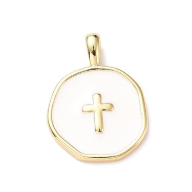 Imagem de DanLingJewelry 5 peças de pingentes de crucifixo de cruz esmaltada, latão, branco, plano, redondo, com pingente de cruz para fazer artesanato