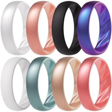 Imagem de ThunderFit Alianças de casamento de silicone para mulheres, anéis de compromisso com ranhuras onduladas elegantes, 6 mm de largura, 2 mm de espessura, respirável, anéis de noivado femininos de