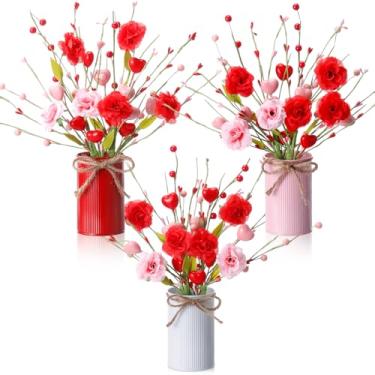 Imagem de Zeyune 3 conjuntos de mesa para o dia dos namorados, 6 hastes artificiais de rosa e baga com vaso de metal, arranjo de flores falsas para decoração de festa de casamento e aniversário do dia dos