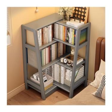 Imagem de Estante de armazenamento de estante de livros de madeira maciça sala de estar parede retrátil quarto armazenamento de cabeceira pequena estante de canto trapezoidal prateleira de livros (cinza)