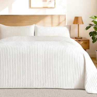 Imagem de ROMROL Conjunto de colcha de veludo de luxo, tamanho king, 3 peças, macio, aconchegante, listrado, conjunto de edredom com 2 fronhas, colcha leve para todas as estações (branco creme, 244 x 274 cm)