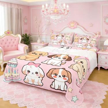 Imagem de Castle Fairy Jogo de lençol com desenho animado de cachorrinhos fofos, animais kawaii, para decoração de quarto de adolescentes, rosa, 4 de poliéster macio (lençol de cima e elástico solteiro com 1