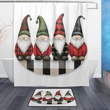 Imagem de xigua Gnomos de Natal fofos conjuntos de tapetes de cortina de banho 2 peças, conjunto de tema de banheiro (152 x 182 cm) com cortina de chuveiro e tapete antiderrapante -12 ganchos433