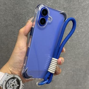 Imagem de Pulseira anti-perda com cordão, capa transparente à prova de choque para iPhone 12, 13, 14, 15, 16 Pro Max Plus, capa protetora de silicone macio, azul-marinho, para iPhone 13