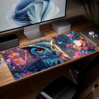 Imagem de Tapete de mesa de couro de coruja, mouse pad de arte colorida grande teclado de computador para jogos, capa e protetor de mesa à prova d'água, tapete decorativo de couro PU para laptop, decoração de