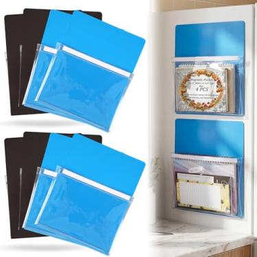 Imagem de Gueevin 4 peças de bolso magnético azul suporte de papel suporte de papel apagável a seco organizador de bolso para geladeira quadro branco 24 cm de largura x 28 cm de altura