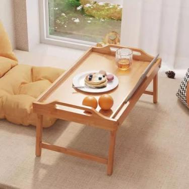 Imagem de Mesa de estudo portátil dobrável estilo japonês de bambu para cama, café, lanche e piquenique, design dobrável e retangular, ideal para sentar no quarto e na área da baía