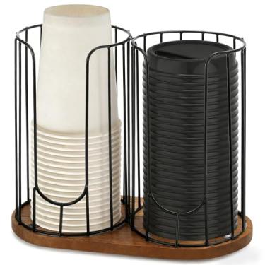 Imagem de Geelin Dispensador de xícara de café ajustável, organizador para guardar copos de papel, canudos, tampas e utensílios de mesa descartáveis (camada única de 2 compartimentos, preto e marrom)