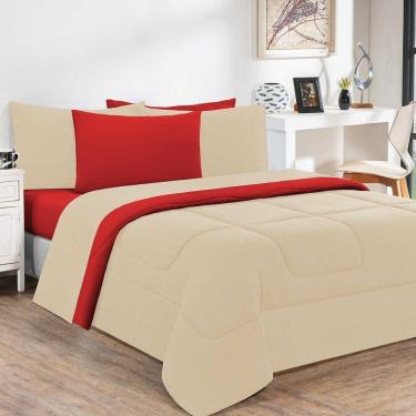 Imagem de Kit Edredom + Jogo De Lençol Malha 100% Algodão Gran Moratta 4 Peças Solteiro - Palha -vermelho