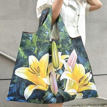 Imagem de Sacola reutilizável de grande capacidade, design chique de pintura a óleo, dobrável, bolsa de compras de nylon lavável para mulheres, bolsa de ginástica com alça de pulso, perfeita para supermercado