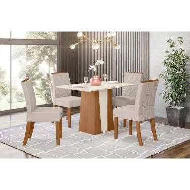 Imagem de Conjunto Mesa De Cozinha Orus Com Tampo Madeirado 120x80cm E 4 Cadeiras Vita Nature Off White Linho Bege Henn