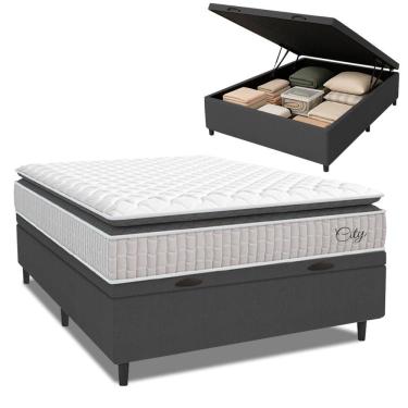 Imagem de Cama Box Baú Colchão Casal Molas Ensacadas City Pillow Top 138x188x64cm Branco / Cinza Hellen - Supo