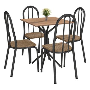 Imagem de Conjunto Mesa de Jantar Tubular Thais Tampo BP Nature 68cm Com 4 Cadeiras 050 Cromo Preto/Rattan - Combo Stock