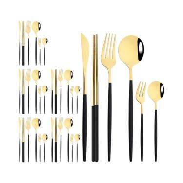 Imagem de Conjunto De Talheres De Aço Inoxidável Preto E Dourado 36 Peças: Faca,