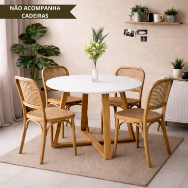 Imagem de Mesa De Jantar Redonda Branca Livia Moderna 90cm Pés Madeira