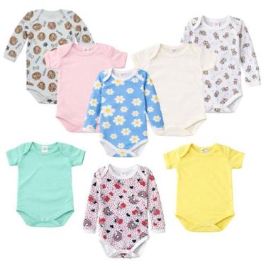 Imagem de Kit 4 Body Bebê Menina Algodão Manga Longa Estampado E Manga Curta Lis