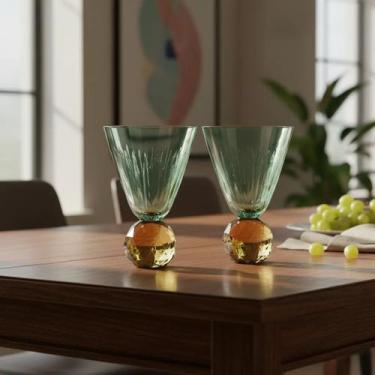 Imagem de Jogo com 6 Taças em Vidro Verde Com Base Esculpido Cristal Ambar 425ml