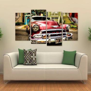 Imagem de Quadro Decorativo Carro Vintage Escritório Em Tecido 4 Peças