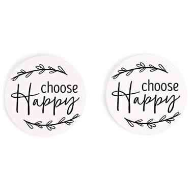 Imagem de Porta-copos de cerâmica absorvente Choose Happy Laurel branco 2,75 x 2,75 pacote com 2