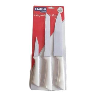 Imagem de Conjunto De Facas Cozinha Corte Pão Legumes Aço Inox 3 Peças Branco