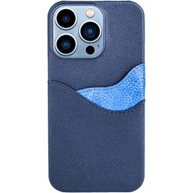 Imagem de KKFAUS Capa para iPhone 13/13 Mini/13 Pro/13 Pro Max, capa flip de couro PU premium à prova de choque, à prova de queda, ultra-fino, capa protetora fina 2 cartão (cor: azul, tamanho: 13 mini 5,4 polegadas)