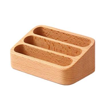 Imagem de Sizikato Porta-cartões de visita de madeira para mesa, 3 compartimentos para cartão de visita