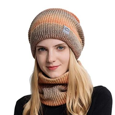 Imagem de WOULDWIN Conjunto de cachecol gorro de inverno 2 peças,gorro de caveira quente forrado com babador grosso de malha térmica masculina feminina unissex-Laranja
