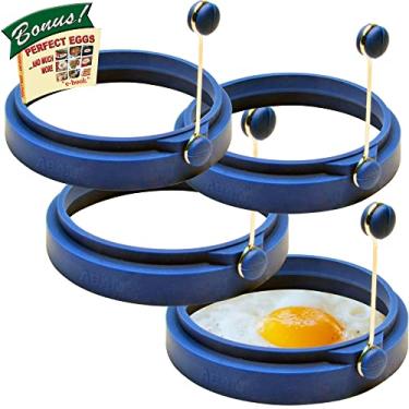 Imagem de Anel profissional de silicone para ovo – sanduíches de panqueca para café da manhã – Ovos Bento – Omeletes e mais – Anel redondo de molde antiaderente, azul (pacote com 4)