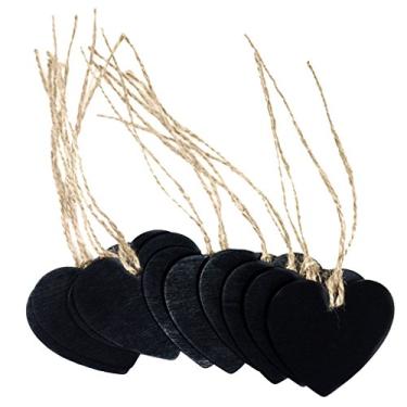 Imagem de Baoblaze 10 peças 6,5 x 6 cm quadro negro de madeira para pendurar com coração para artes e artesanato, número de mesa, lembranças de festa, etiquetas de casamento, placas de madeira, etiquetas de presente,