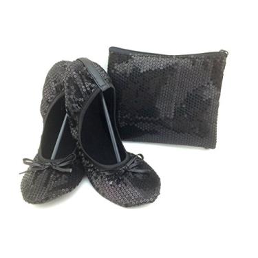 Imagem de Sapatos femininos 18 dobráveis e portáteis de balé de viagem com estojo de transporte combinando, Lantejoulas pretas, 7-8