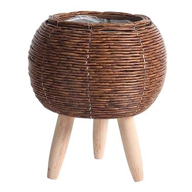 Imagem de Baoblaze Cesta de plantas com pernas cesta de vime exibição moderna vaso de flores vaso de flores cesta plantador para quarto varanda apartamento escritório casa de fazenda, bola marrom escuro