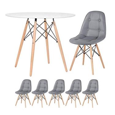 Imagem de Loft7 Home Decor, Kit Mesa Eames Eiffel 90 cm + 5 Cadeiras Estofadas Botonê - Cinza escuro