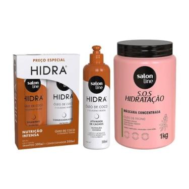 Imagem de Salon Line, Kit com Shampoo, Condicionador e Ativador de Cachos Hidra Óleo de Coco + Máscara de Hidratação S.O.S Hidratação Turbinada, Veganos - Para Cabelos Cacheados e Crespos, 300 ml e 1 kg