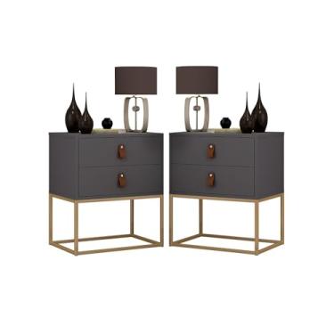 Imagem de Kit 2 Mesa Lateral Cabeceira Criado Unic 45cm Com Pés De Ferro Dourado Cor:Cinza