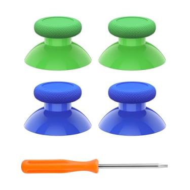Imagem de eXtremeRate Joystick de controle de substituição para Xbox One – 4 peças de peças de polegares analógicos verdes e azuis para Xbox Series X/S, Xbox One S/X, controle Elite com kit de reparo de chave de fenda