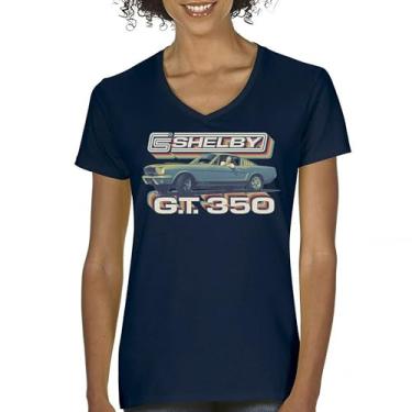 Imagem de Camiseta feminina vintage 1965 Shelby GT350 gola V carro americano retrô corrida Mustang Cobra GT Performance Powered by Ford Tee, Azul marinho, G