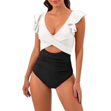 Imagem de Biquíni feminino de cintura alta estampado conservador com almofada de peito sem aço roxo, Branco, XXG