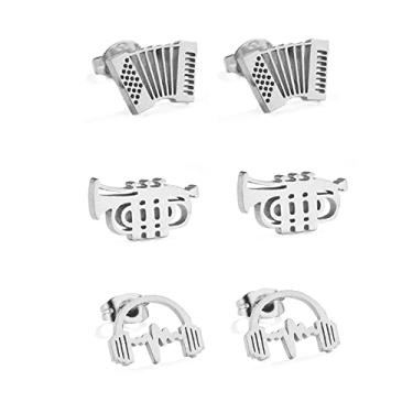 Imagem de 3 pares de brincos musicais, instrumentos clássicos, trompete, órgão, nota musical para mulheres, adolescentes, meninas, pequeno, piercing de cartilagem de tragus, presente moderno em forma de chifre